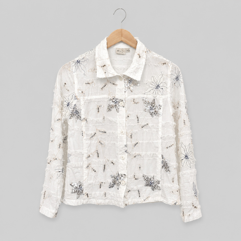 Focus Blouse Womens Small White Long Sleeve Embroidery Floral Sequin Whimsical